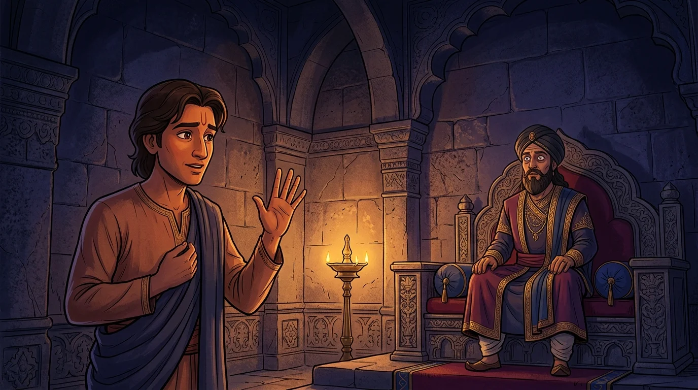 Interior Hastinapur throne room with Sanjaya counting the five virtues on his fingers as Dhritarashtra listens with parted lips