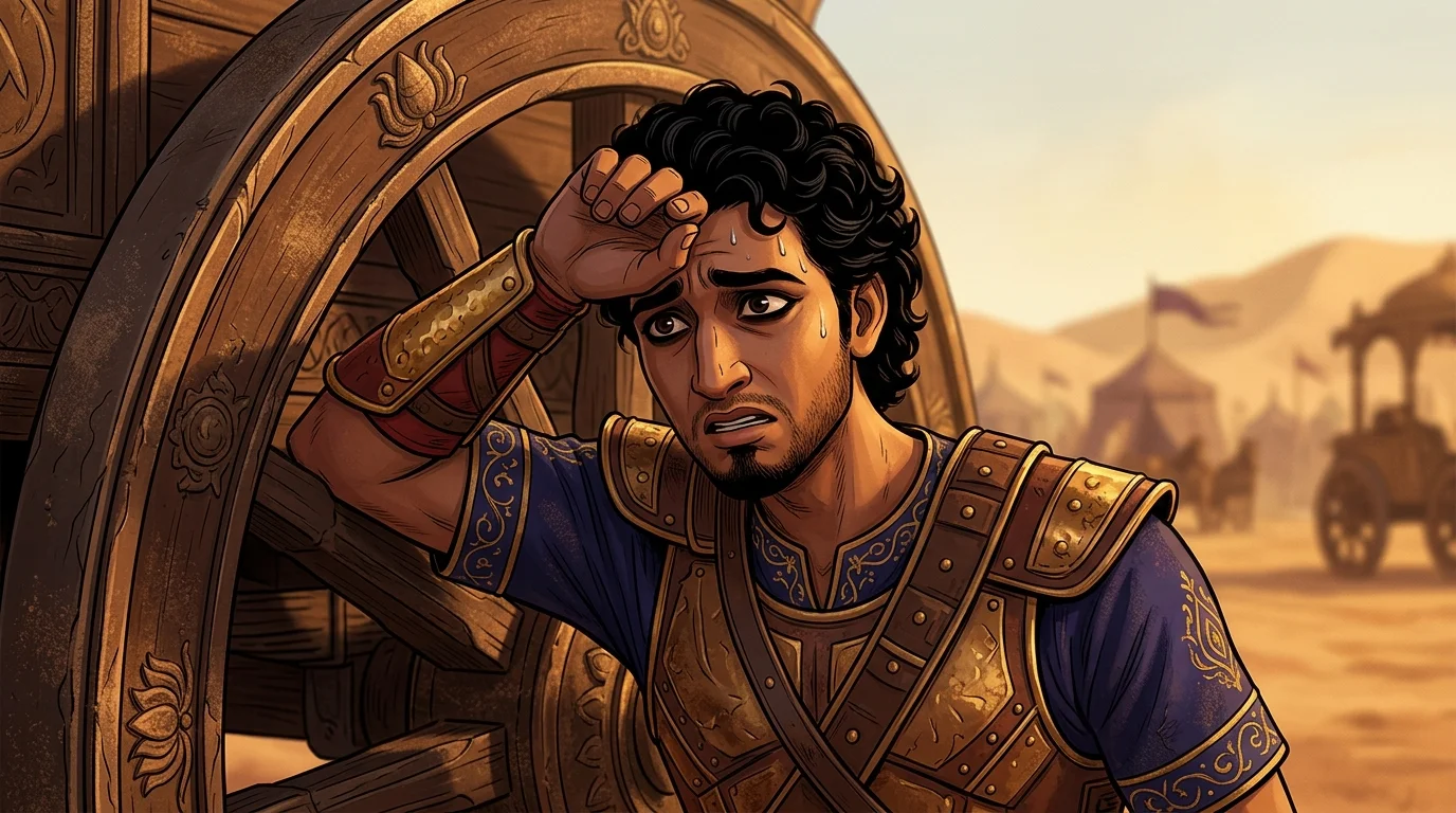 Medium shot of Duryodhana leaning against Drona's chariot, wiping cold sweat from his temple, gnashing his teeth in conflicted agitation