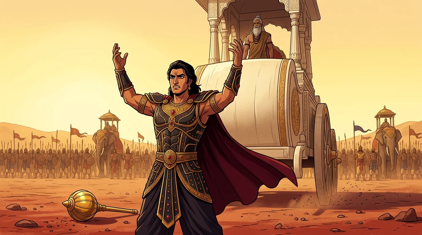 Low-angle dramatic shot beneath Drona's chariot with Duryodhana raising both hands in exasperation, golden mace resting at his feet in the dust