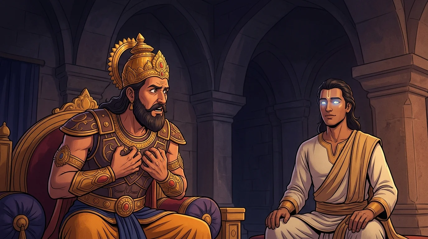 Interior Hastinapur stone chamber with King Dhritarashtra clutching his head in profound confusion, turning toward Sanjaya