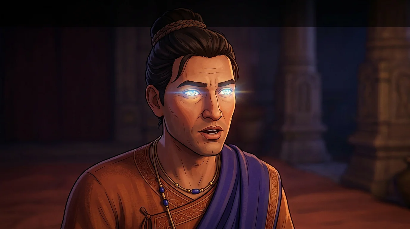 Tight close-up of Sanjaya in Hastinapur, his face illuminated with profound spiritual insight as he delivers Swami Adgadanand's core realization