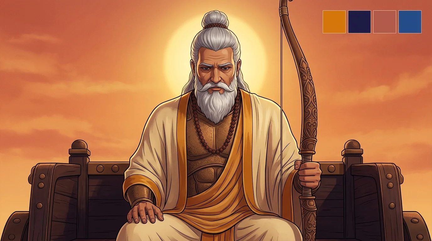 Majestic low-angle shot of Acharya Dronacharya looking down upon Duryodhana with solemn, unyielding spiritual majesty from his chariot