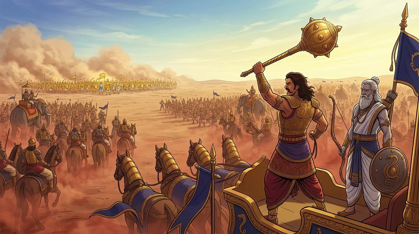 Cinematic wide shot of Kurukshetra at mid-morning light. Duryodhana wheels around defensively toward his own lines, lifting his golden mace to challenge his own ranks