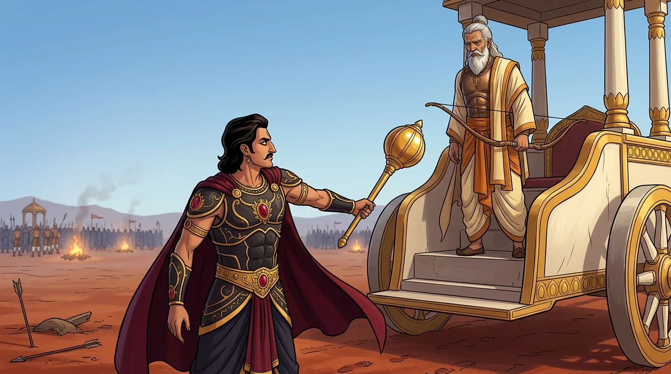 Prince Duryodhana turning defensively away from the Pandava lines, pacing with rigid arrogance beside Dronacharya's colossal ivory chariot wheel