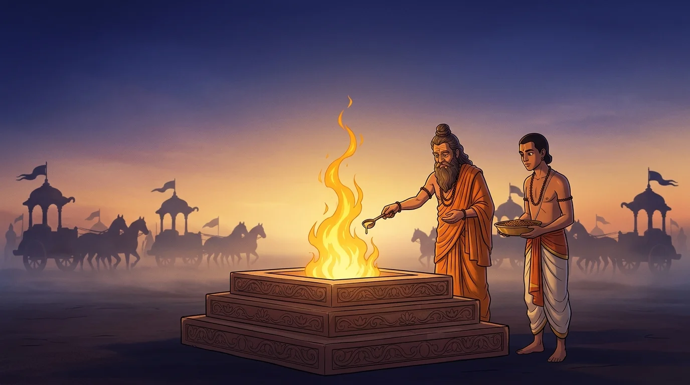 Sacred illuminated Vedic homa fire altar presenting Bhagavad Gita Shlok 1.7 against the morning sky