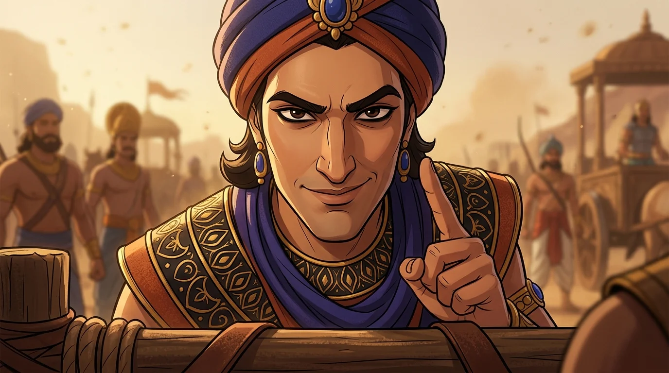 Tight close-up of Prince Duryodhana smirking with barbed sarcasm as he looks up toward Dronacharya from the chariot wheel