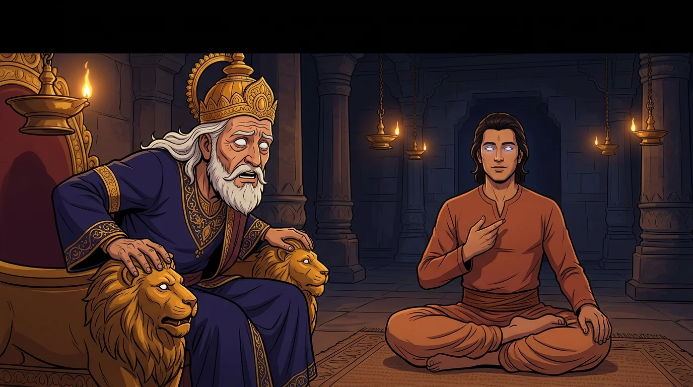 Hastinapur palace stone chamber with King Dhritarashtra leaning forward from the lion throne while Sanjaya gestures with glowing sapphire divine sight