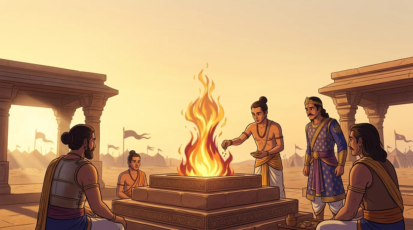 Sacred illuminated Vedic homa fire altar presenting Bhagavad Gita Shlok 1.8 against the dawn sky