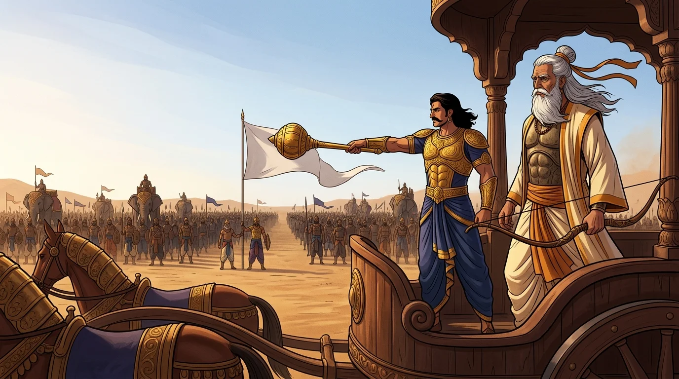 Kurukshetra sands at Drona's chariot with Duryodhana raising his golden mace, gesturing across the ranks toward Bhishma's towering white flag
