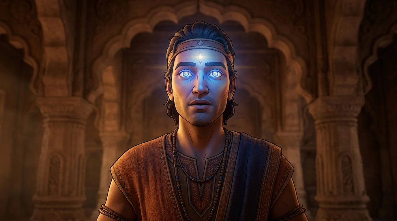 Tight close-up of Sanjaya in Hastinapur, his face illuminated with sapphire-golden divine sight as he delivers the esoteric truth of Bhishma