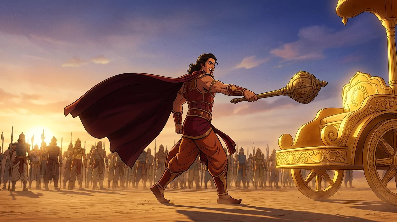 Low-angle tracking shot on Kurukshetra sands with Duryodhana striding toward a gleaming golden chariot, sweeping his arm outward with fierce pride