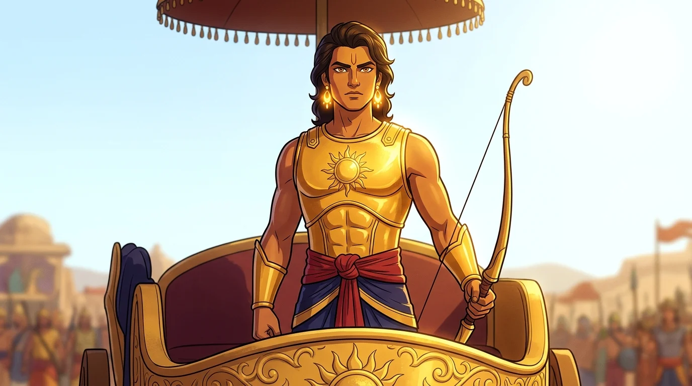 Living heroic reveal of Radheya Karna on his gold-embossed war chariot, radiant golden armor and earrings glowing under the morning sun, holding the celestial Vijay bow