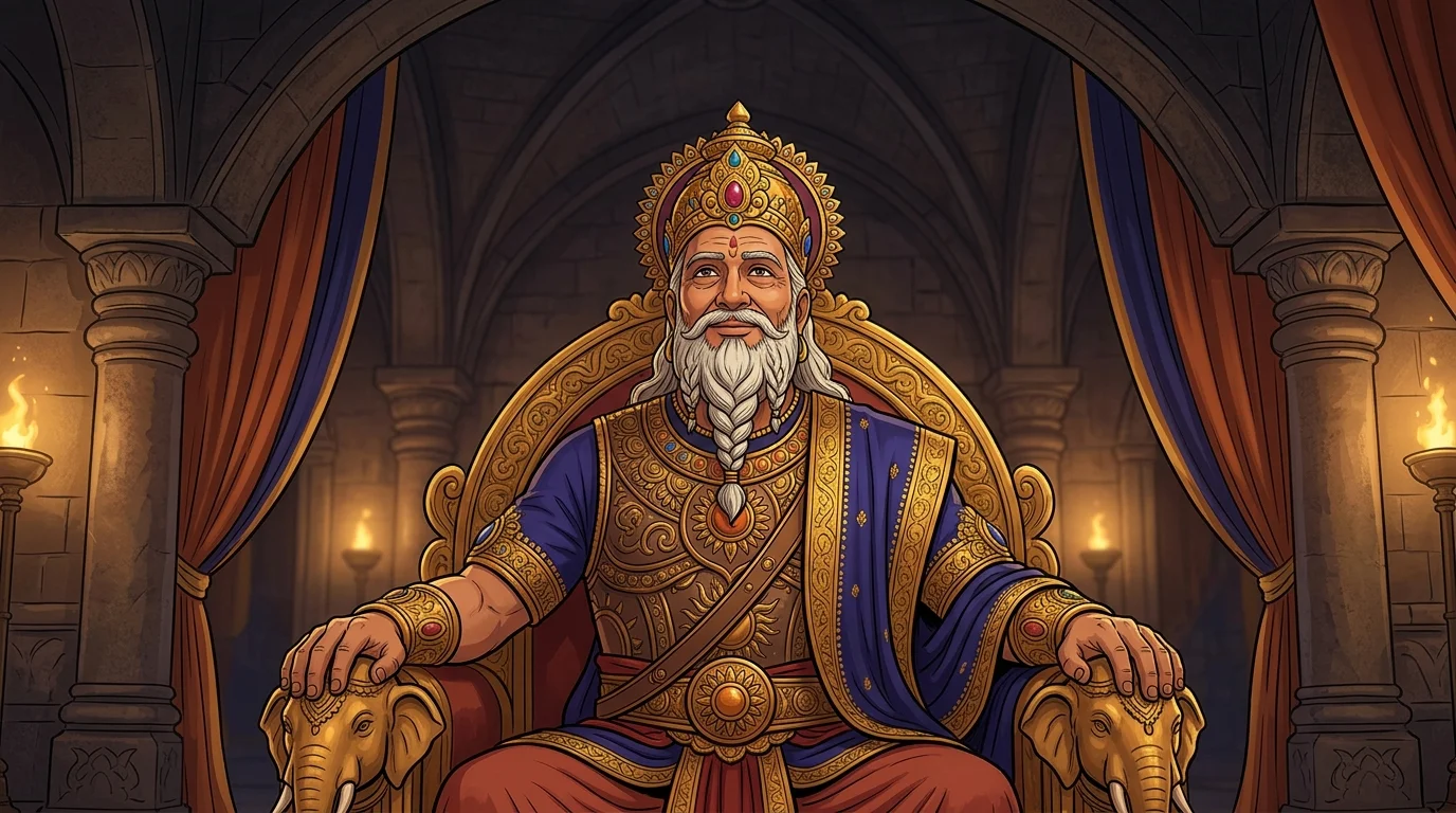 Hastinapur throne room with King Dhritarashtra nodding in dark satisfaction, recalling Karna's martial vows