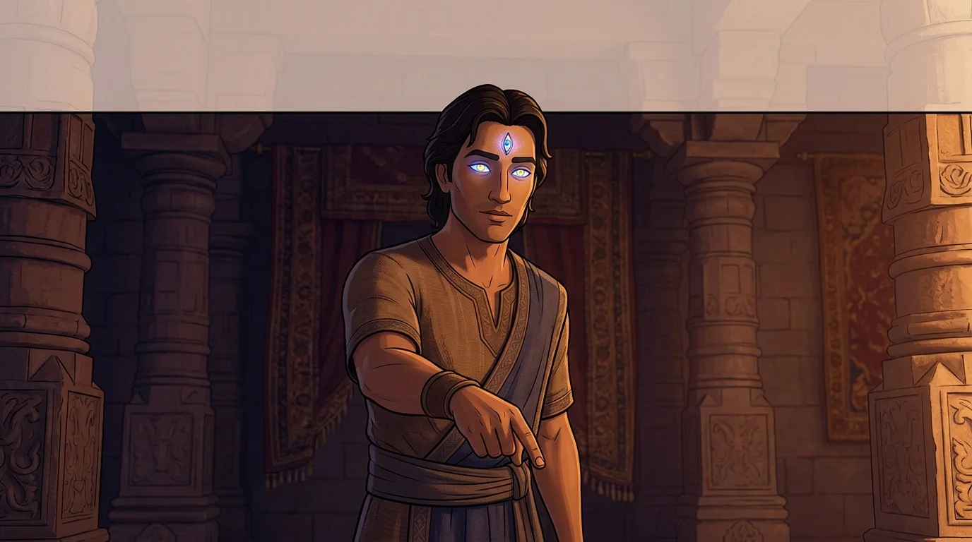 Hastinapur palace stone chamber with Sanjaya speaking with austere authority, divine sight cutting through the illusions of royal ego