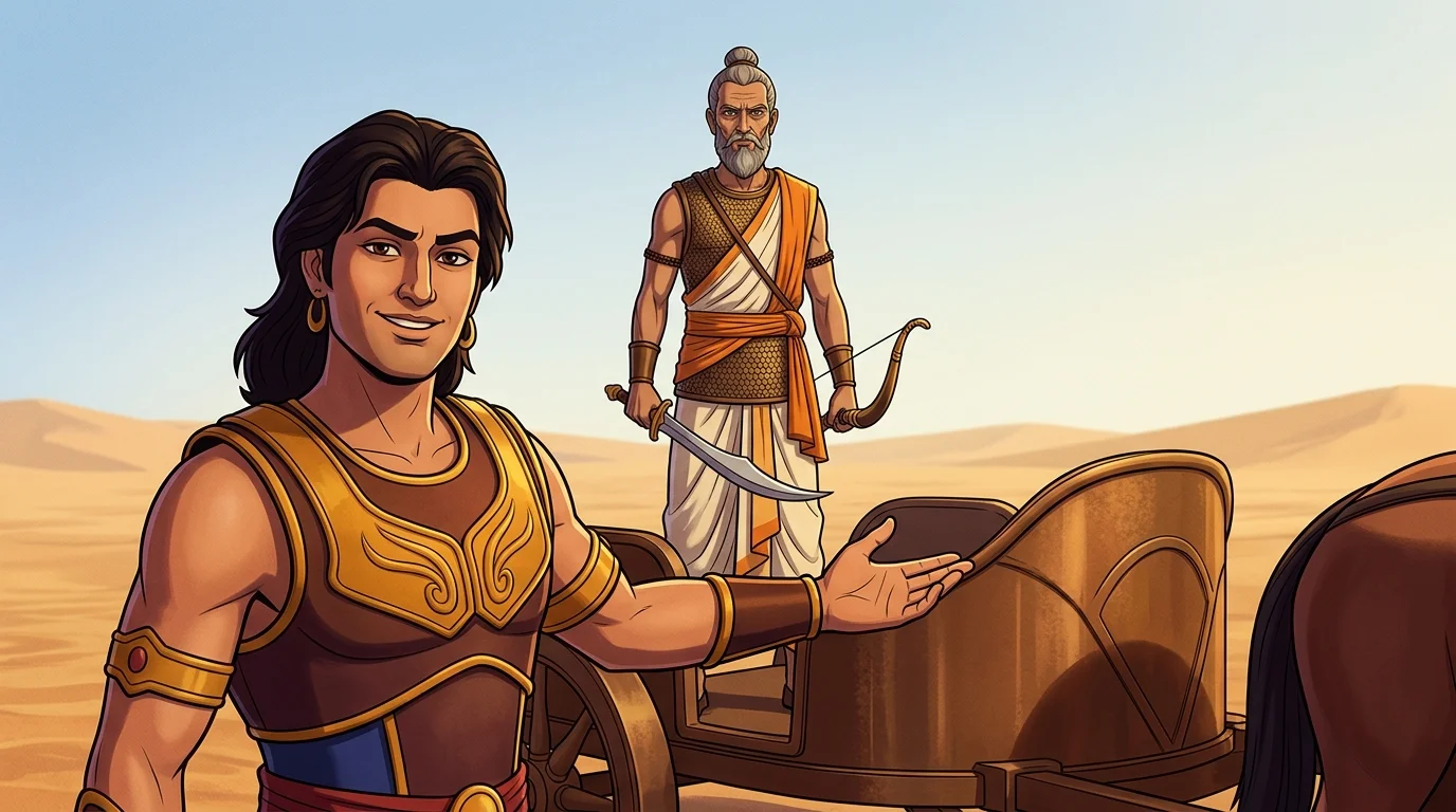 Kurukshetra sands with Duryodhana pointing slyly toward a nearby bronze chariot carrying Acharya Kripacharya