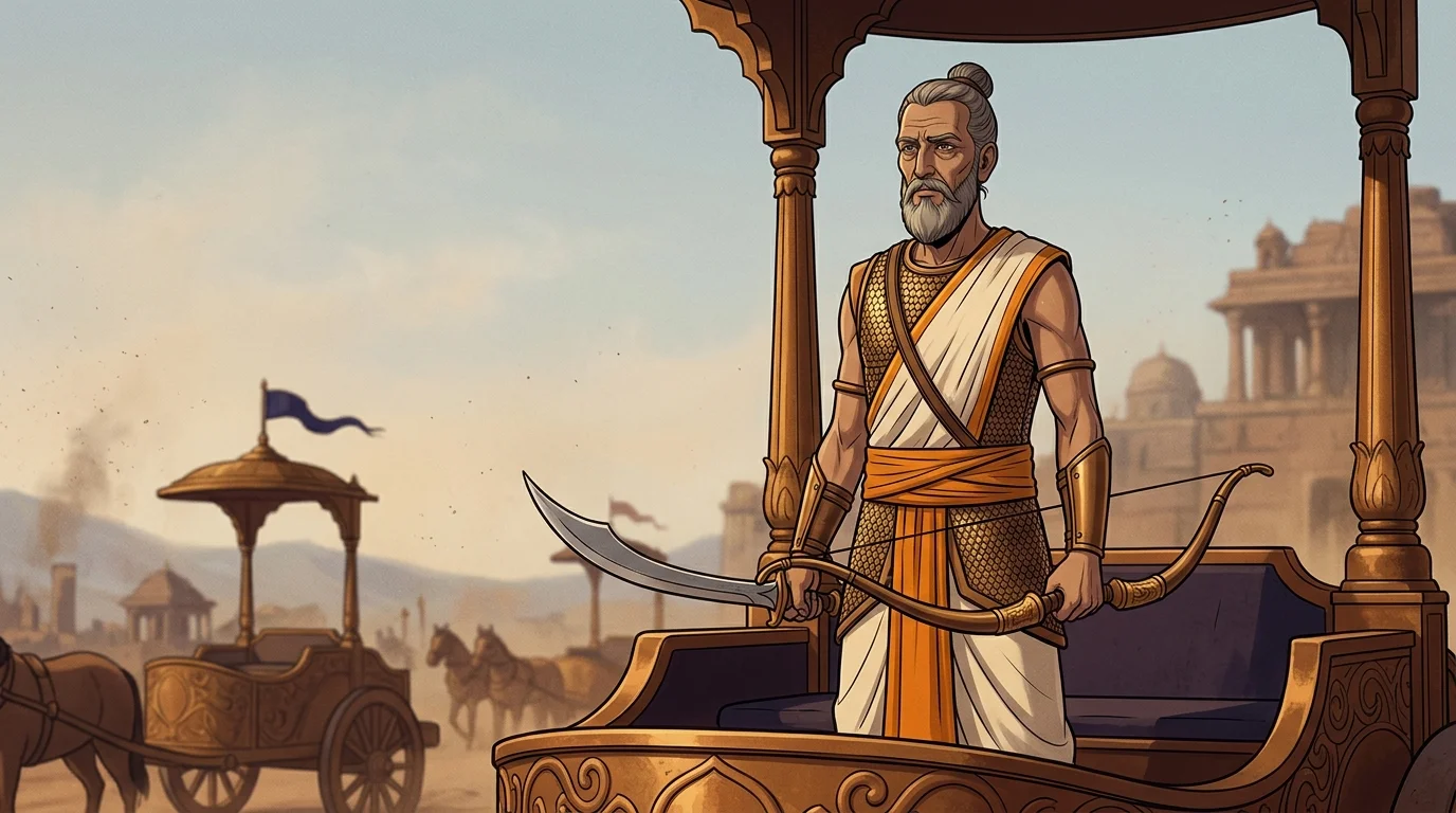 Living reveal of Acharya Kripacharya standing upon a bronze war chariot in austere saffron tunic over mail, carrying a ceremonial curved blade