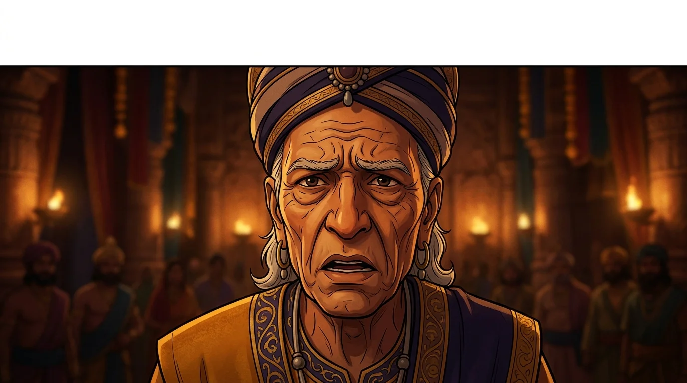 Hastinapur stone chamber with King Dhritarashtra leaning forward with furrowed brows, questioning Sanjaya in bewilderment
