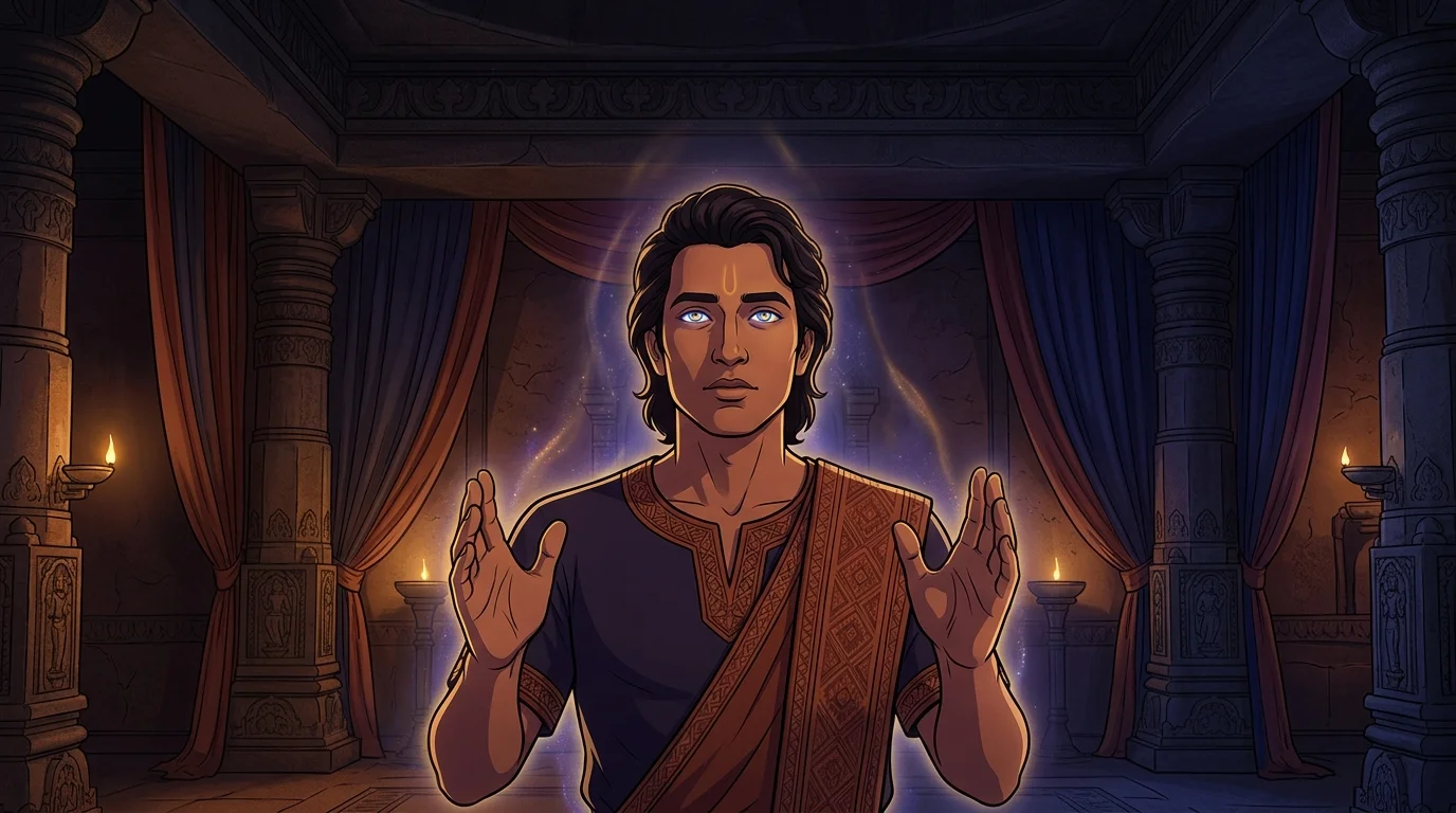 Hastinapur palace chamber with Sanjaya holding his open palm outward, third eye radiating intense spiritual gravity