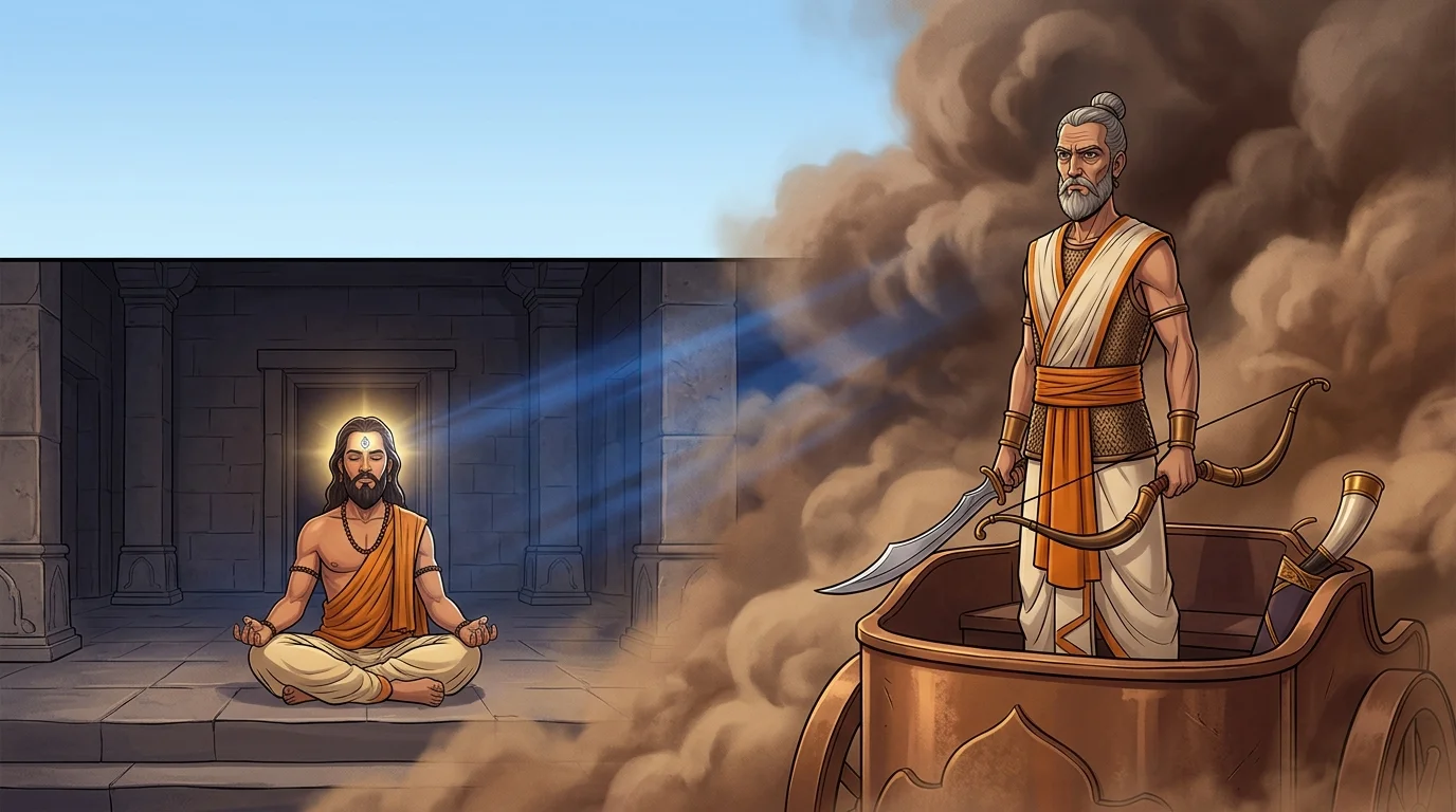 Atmospheric dual vision showing Sanjaya in Hastinapur gesturing reverently while Kripacharya stands motionless on Kurukshetra under ominous clouds
