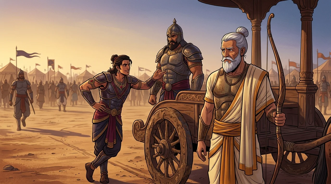 Kurukshetra sands with Duryodhana pointing proudly toward a massive dark warrior standing beside Drona's chariot