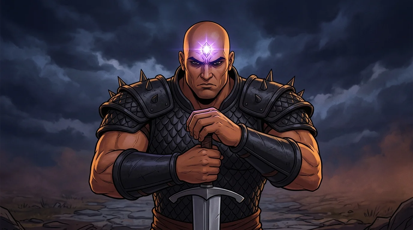 Living heroic reveal of Ashwatthama in heavy black iron armor, celestial violet-white jewel pulsing in the center of his forehead, gripping a massive broadsword