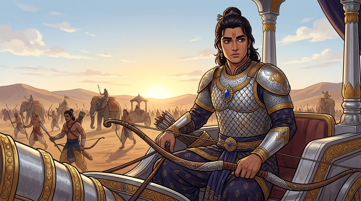Kurukshetra vanguard showing living reveal of Prince Vikarna on his silver-and-gold chariot holding a composite bow, dark eyes filled with subtle hesitation