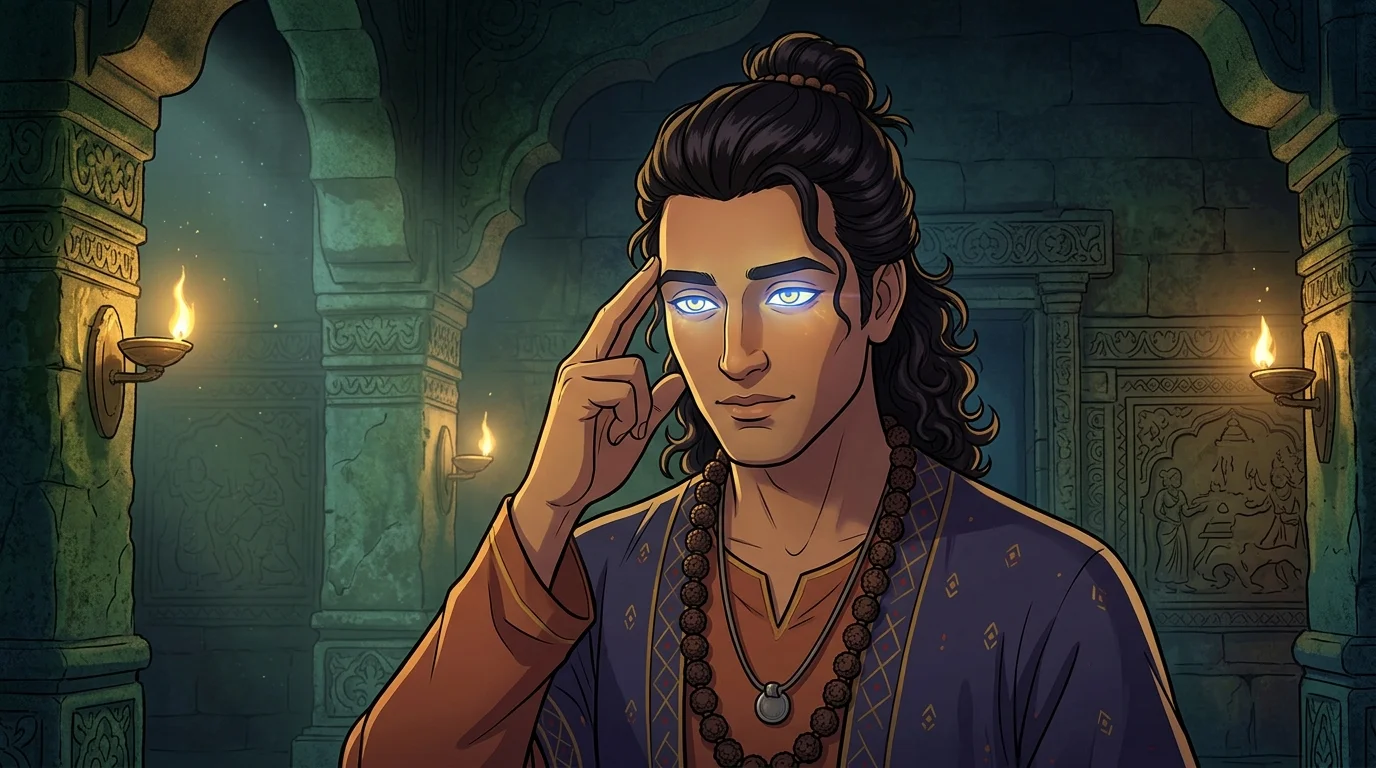 Hastinapur chamber with Sanjaya touching his temple in deep contemplation as sapphire light bathes his face