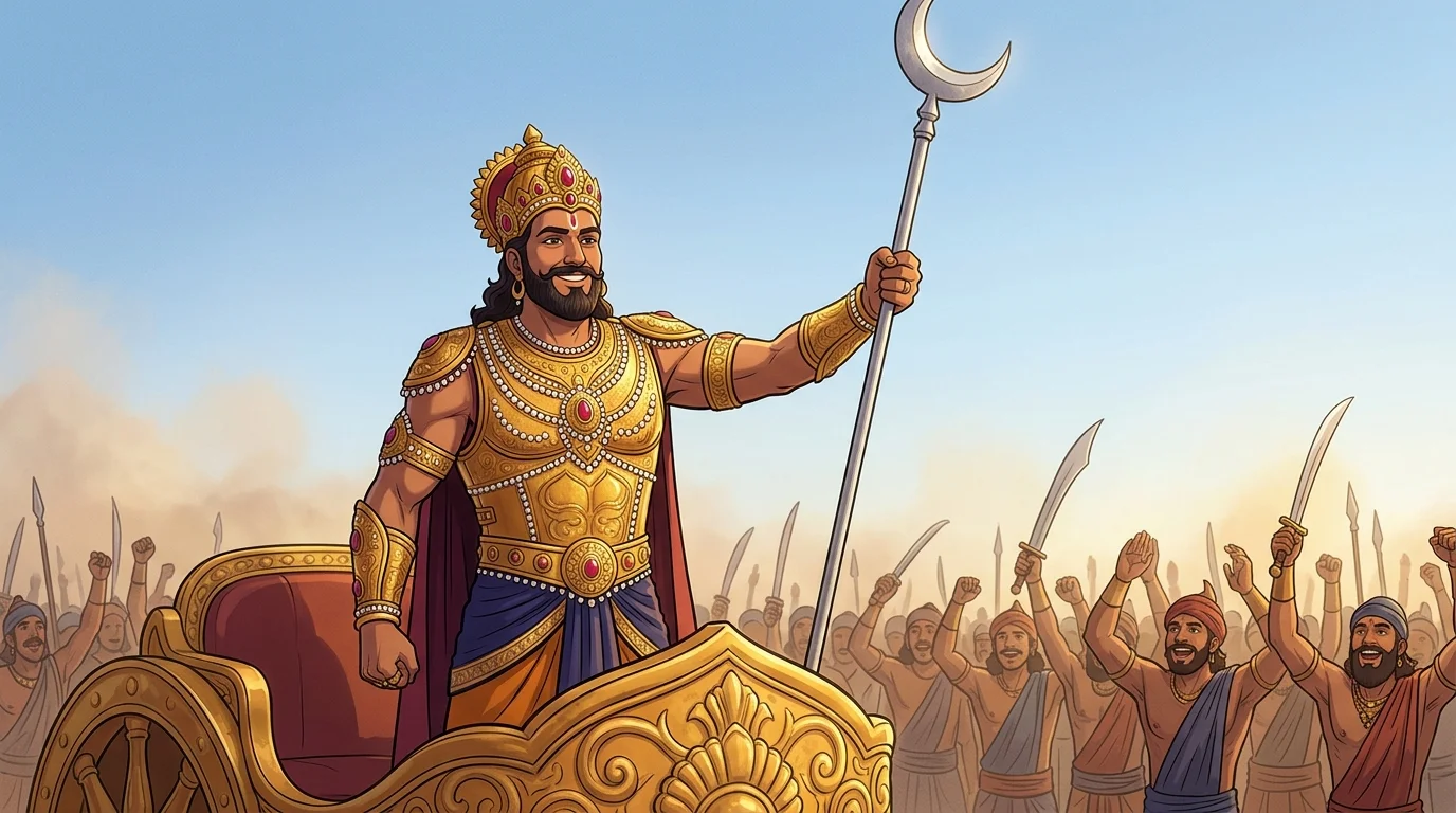 Living reveal of Bhurishrava (Saumadatti) upon an opulent golden war chariot, raising a silver crescent banner while soldiers cheer