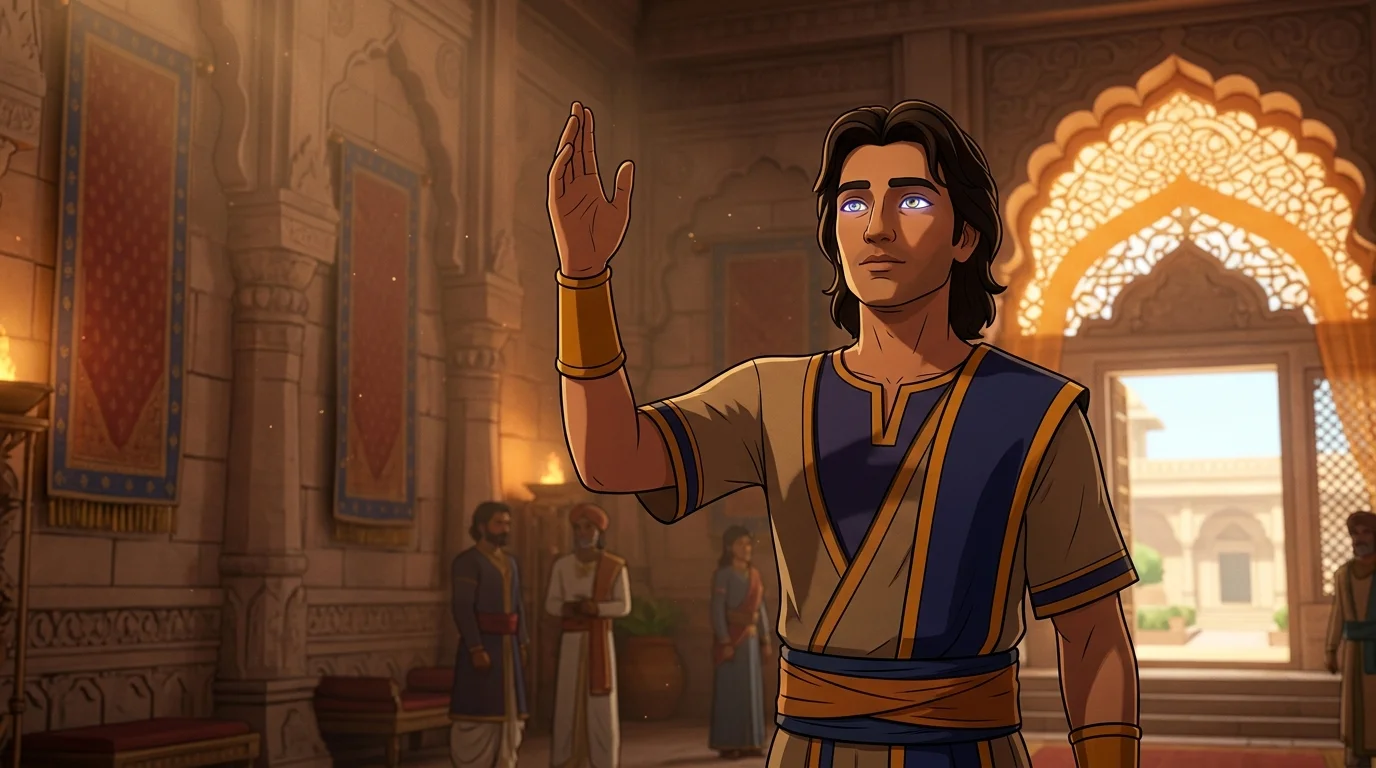 Hastinapur palace with Sanjaya speaking with solemn resonance, his right hand raised toward the heavens