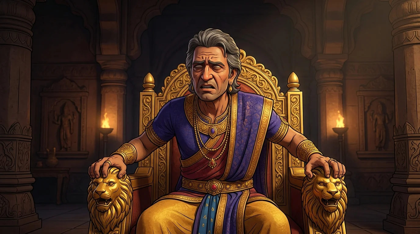Hastinapur stone chamber with King Dhritarashtra clutching the lion armrests of his throne, troubled by the mathematical disparity