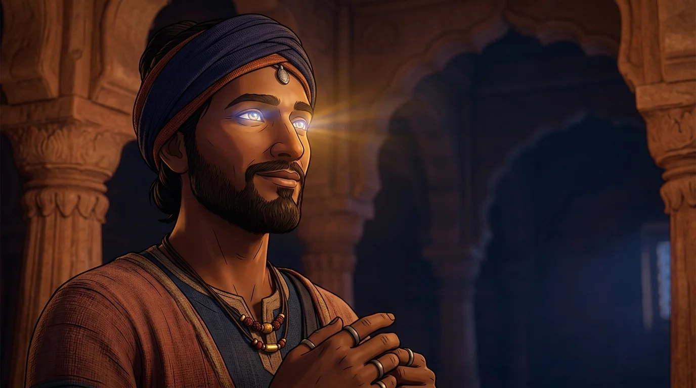 Hastinapur palace with Sanjaya smiling with cosmic clarity, his third eye casting radiant light across the darkened hall