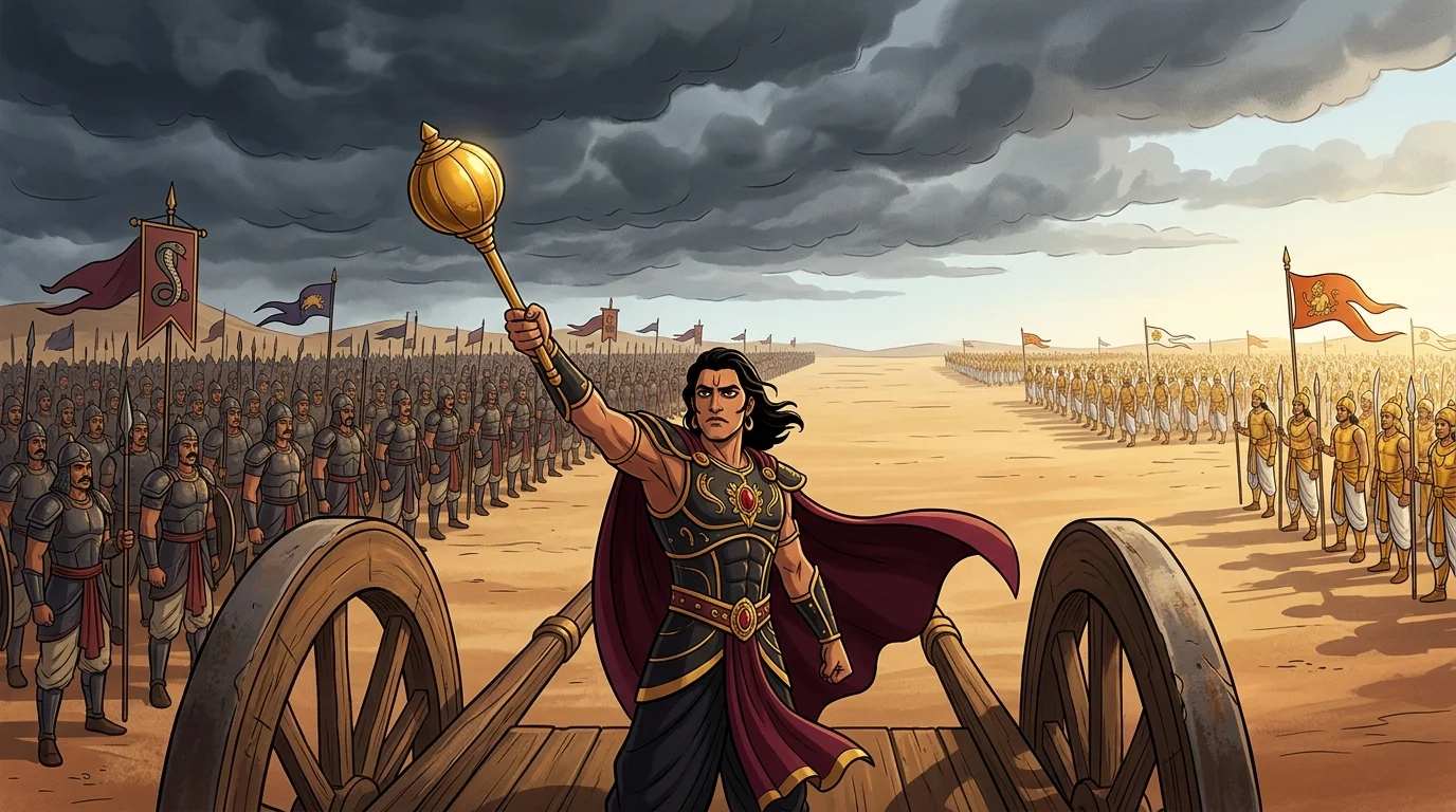 Cinematic panoramic shot of Kurukshetra at mid-morning light. Duryodhana stands tense before Drona's chariot, raising his golden mace toward his own legions under stormy skies