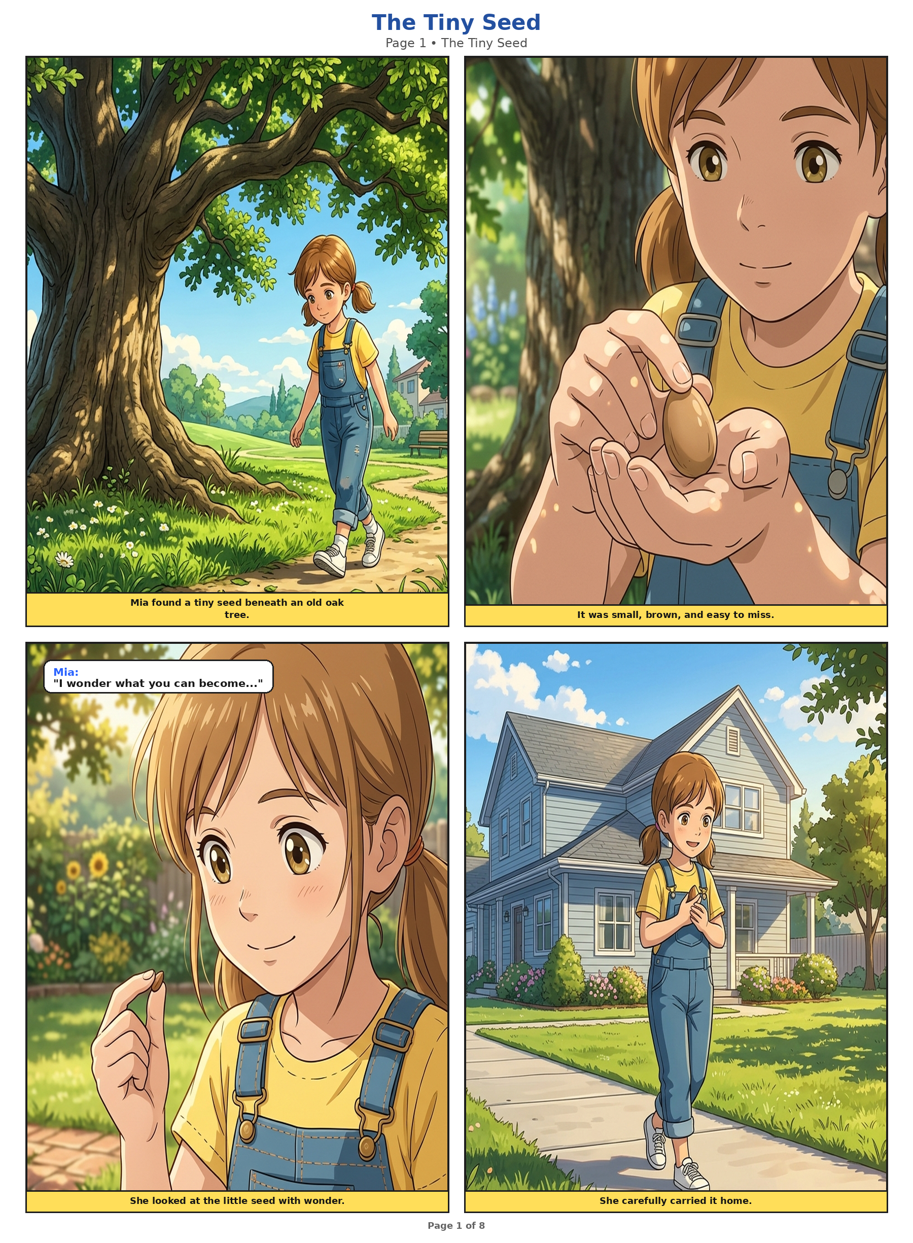 Mia finding a tiny brown seed beneath a grand old oak tree with sunlight filtering through leaves