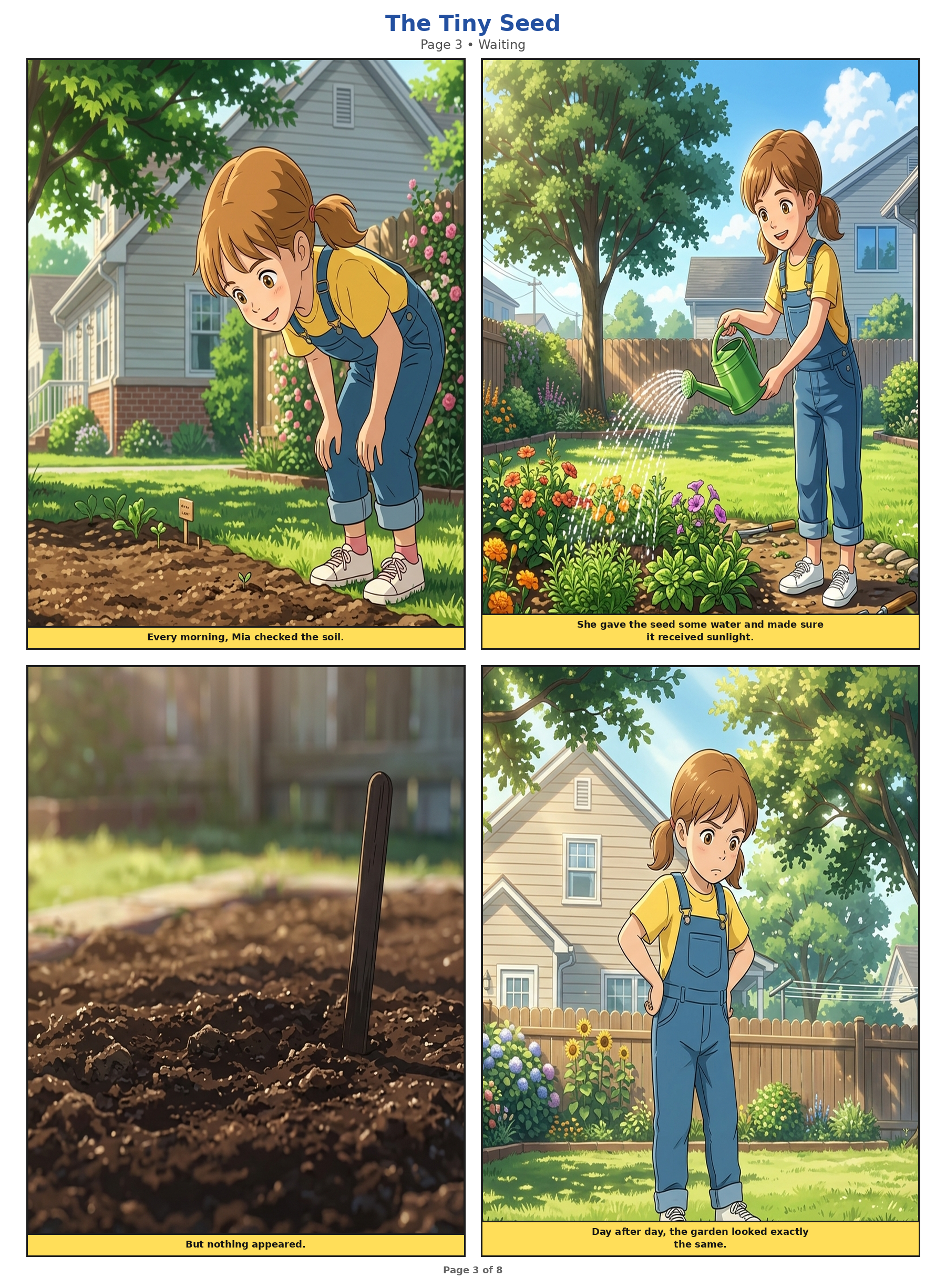 Mia watering the soil every morning under warm sunlight while nothing appears