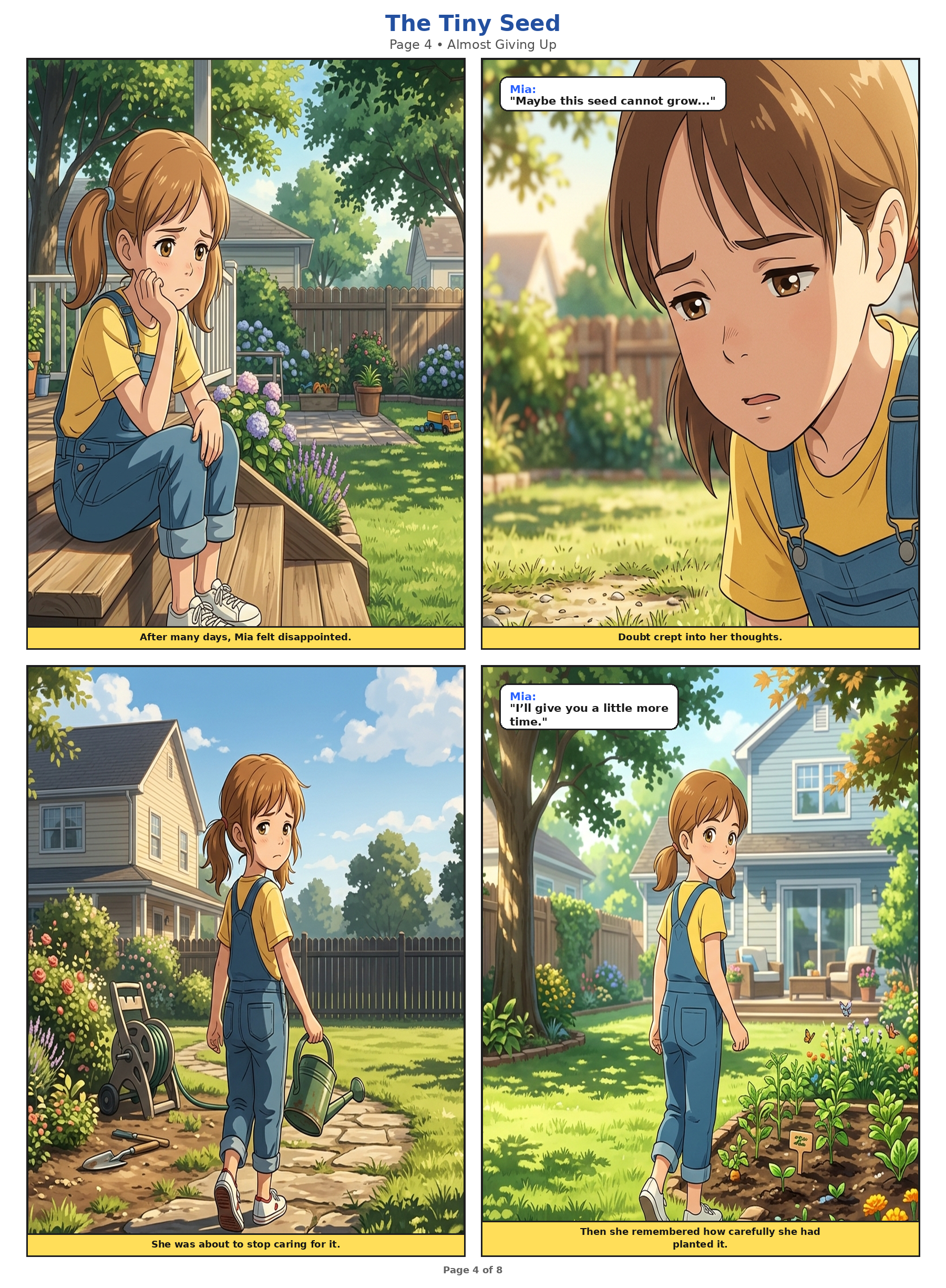 Mia looking disappointed at the empty soil, about to give up before remembering her care