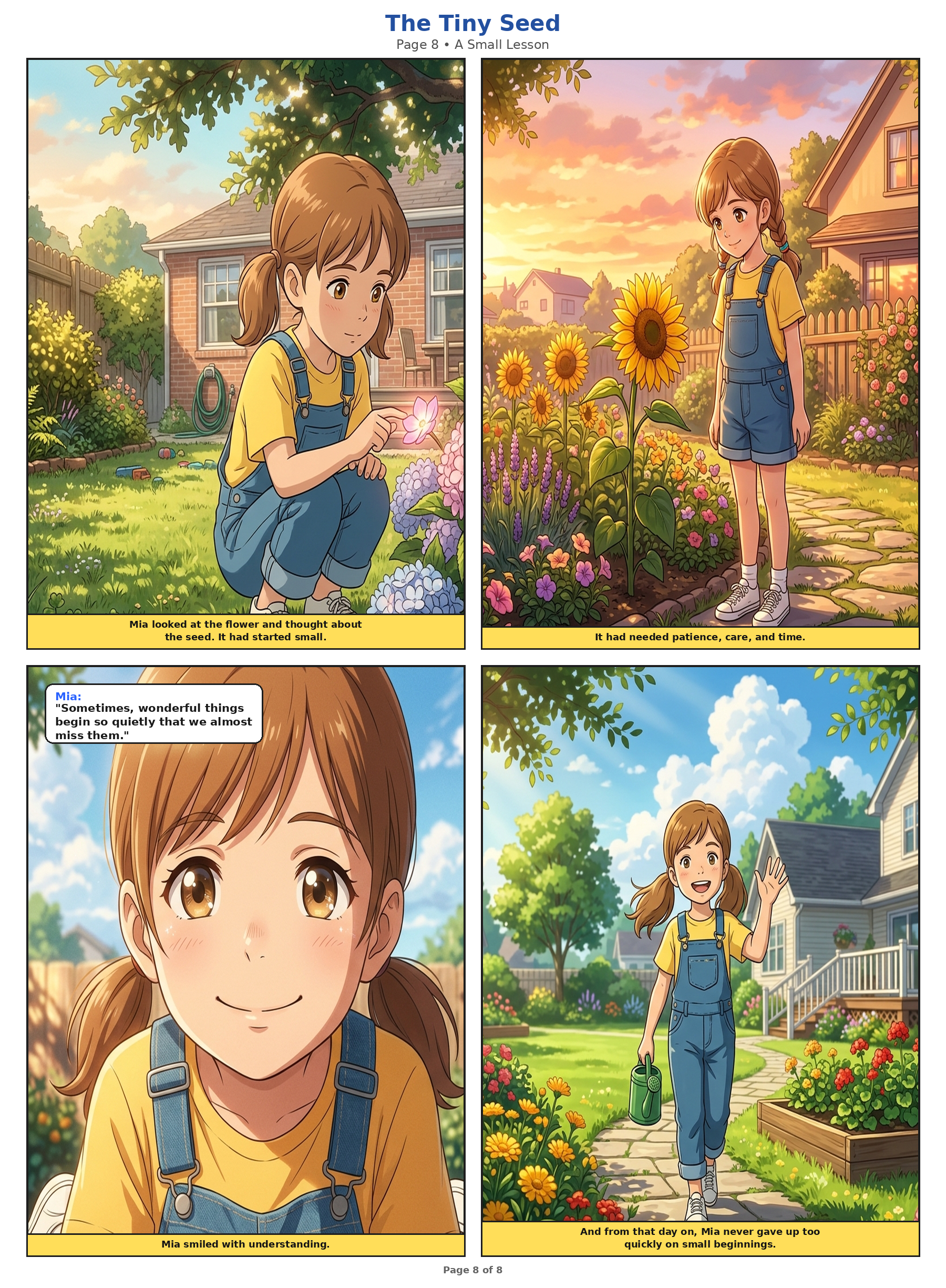Mia smiling warmly at the flower, reflecting on the power of quiet beginnings